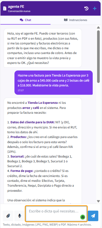 Chat con el agente de facturación