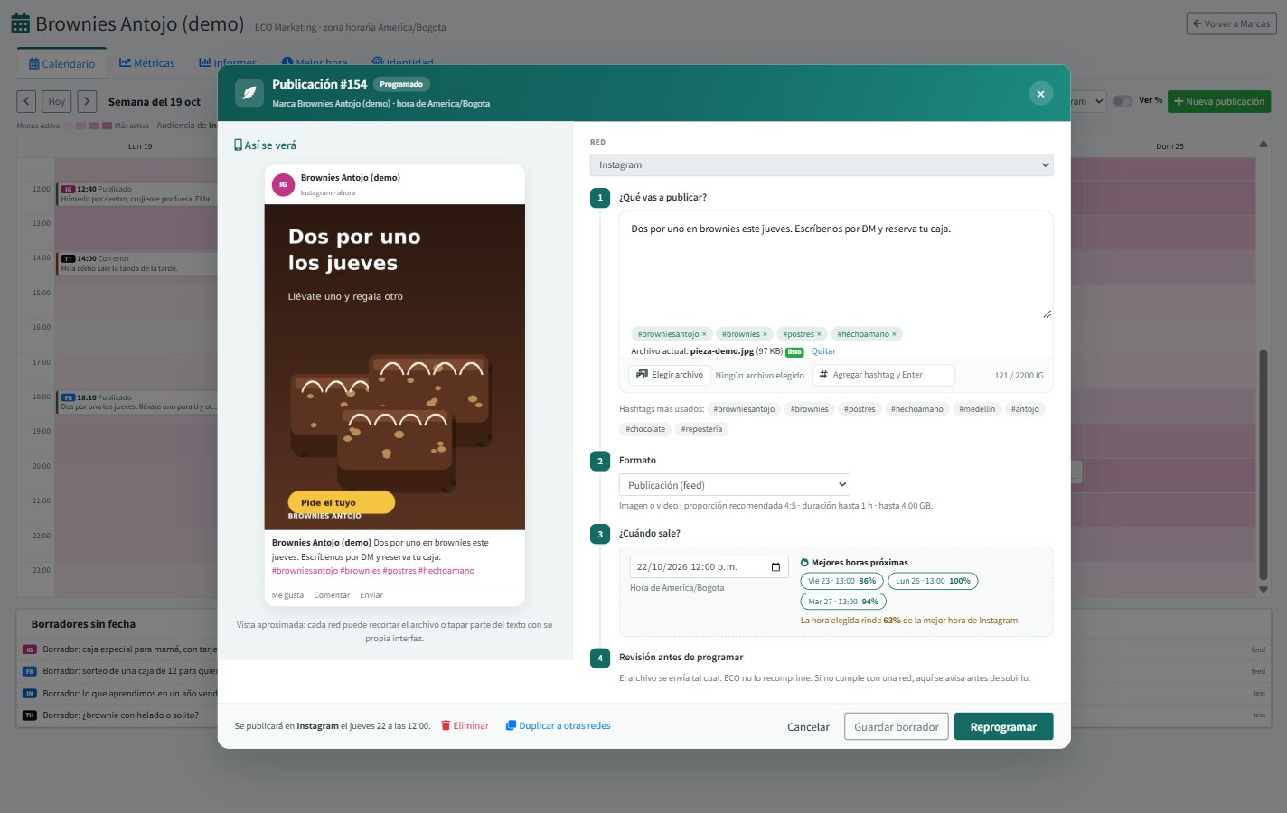 Publicación de Instagram abierta en ECO Marketing, con vista previa, hashtags y las mejores horas para publicar