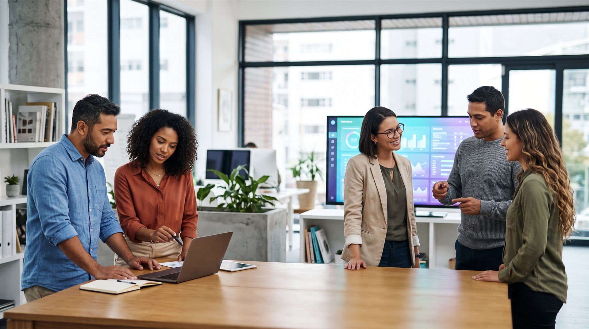 Equipo de profesionales colaborando frente a un tablero de datos en una oficina moderna