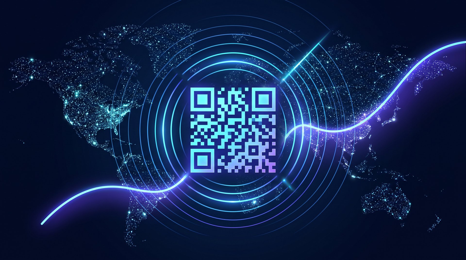 Un código QR con ondas de escaneos sobre un mapa y una curva de analítica