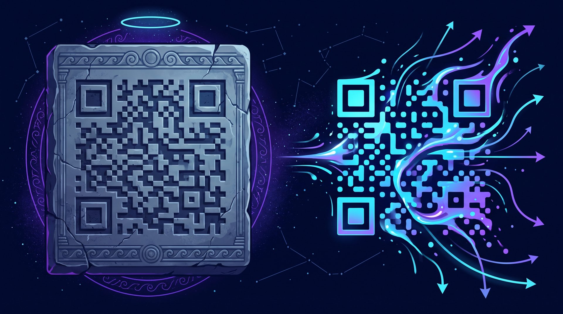 Un código QR grabado en piedra frente a uno de luz que cambia de destino