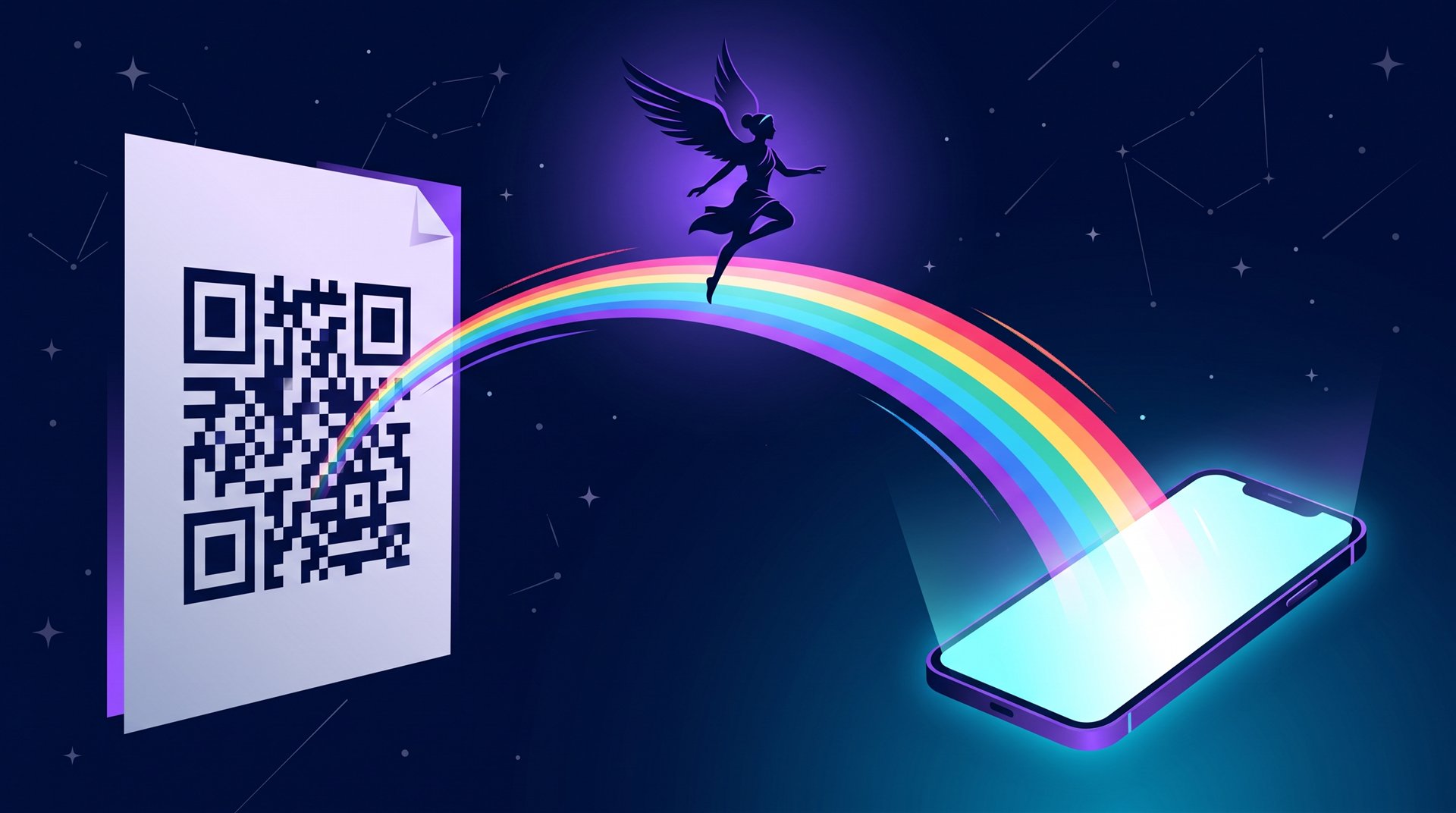 Ilustración de Iris cruzando un arcoíris entre un cartel con código QR y un teléfono